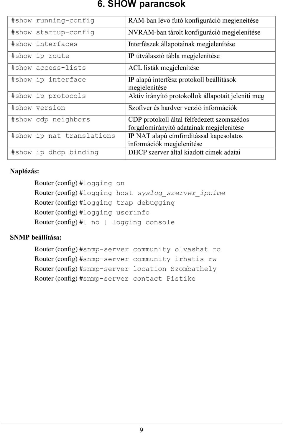 listák megjelenítése IP alapú interfész protokoll beállítások megjelenítése Aktív irányító protokollok állapotait jeleníti meg Szoftver és hardver verzió információk CDP protokoll által felfedezett