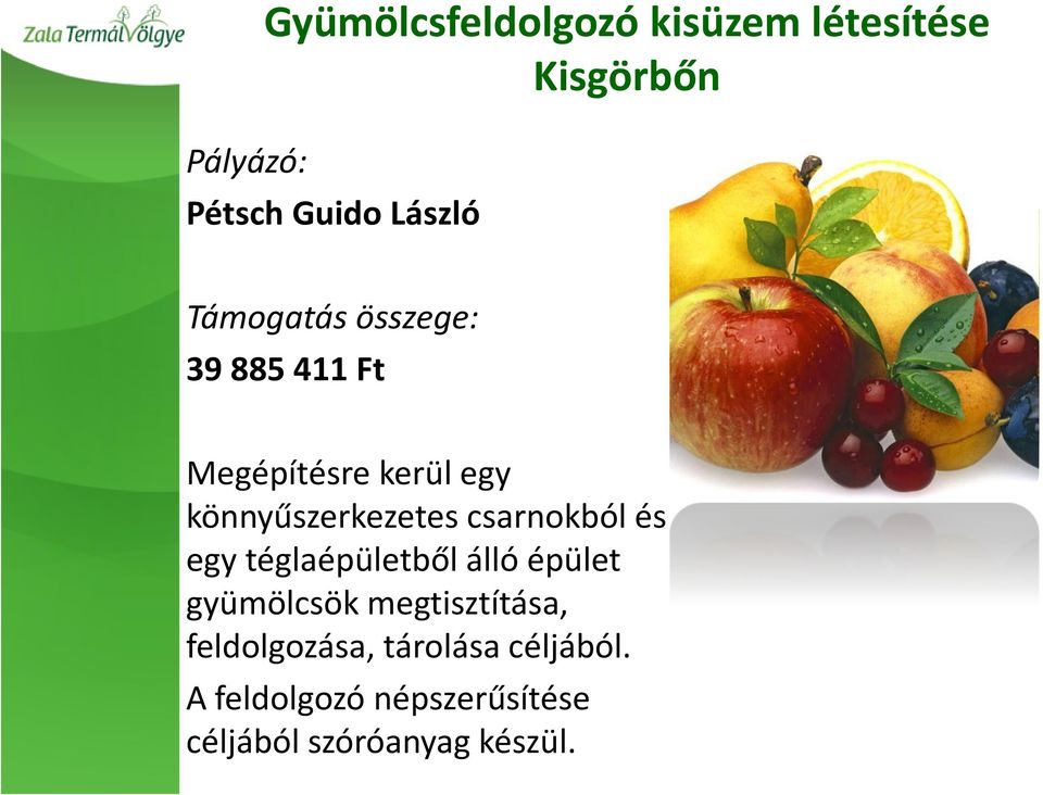 csarnokból és egy téglaépületből álló épület gyümölcsök megtisztítása,