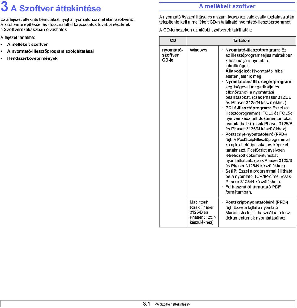 A fejezet tartalma: A mellékelt szoftver A nyomtató-illesztőprogram szolgáltatásai Rendszerkövetelmények A mellékelt szoftver A nyomtató összeállítása és a számítógéphez való csatlakoztatása után