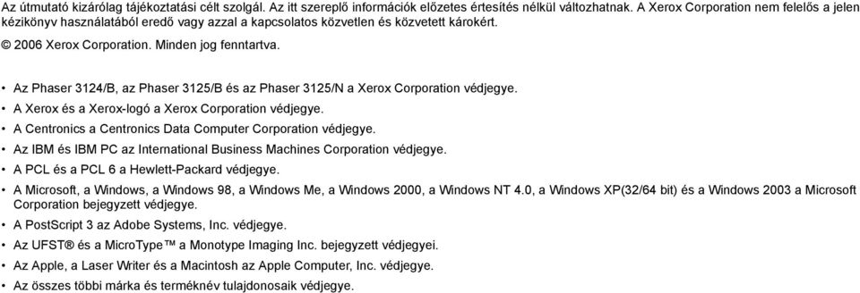 Az Phaser 3124/B, az Phaser 3125/B és az Phaser 3125/N a Xerox Corporation védjegye. A Xerox és a Xerox-logó a Xerox Corporation védjegye. A Centronics a Centronics Data Computer Corporation védjegye.