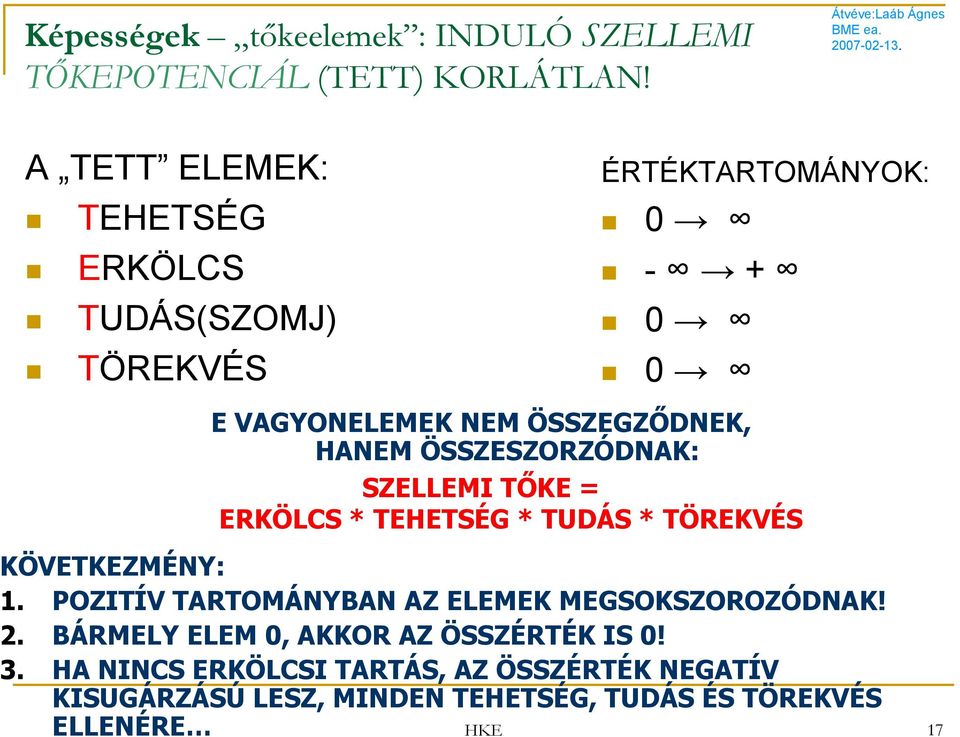 ÖSSZESZORZÓDNAK: SZELLEMI TŐKE = ERKÖLCS * TEHETSÉG * TUDÁS * TÖREKVÉS KÖVETKEZMÉNY: 1.