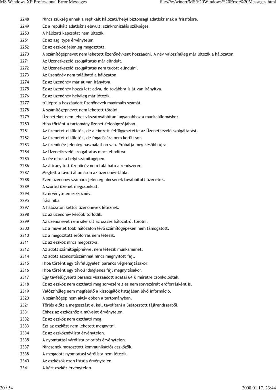 A név valószínőleg már létezik a hálózaton. 2271 Az Üzenetkezelı szolgáltatás már elindult. 2272 Az Üzenetkezelı szolgáltatás nem tudott elindulni. 2273 Az üzenınév nem található a hálózaton.