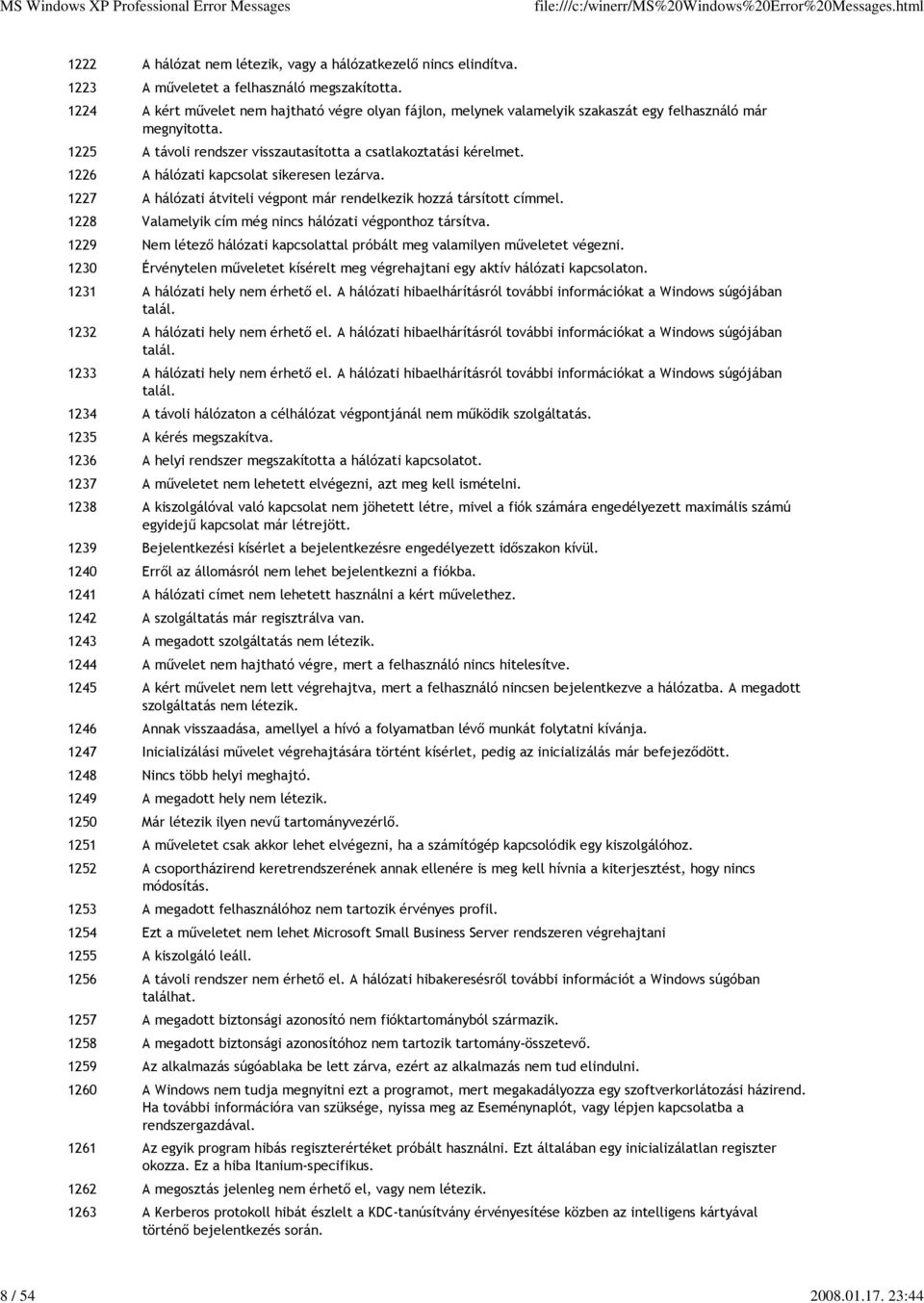 1226 A hálózati kapcsolat sikeresen lezárva. 1227 A hálózati átviteli végpont már rendelkezik hozzá társított címmel. 1228 Valamelyik cím még nincs hálózati végponthoz társítva.