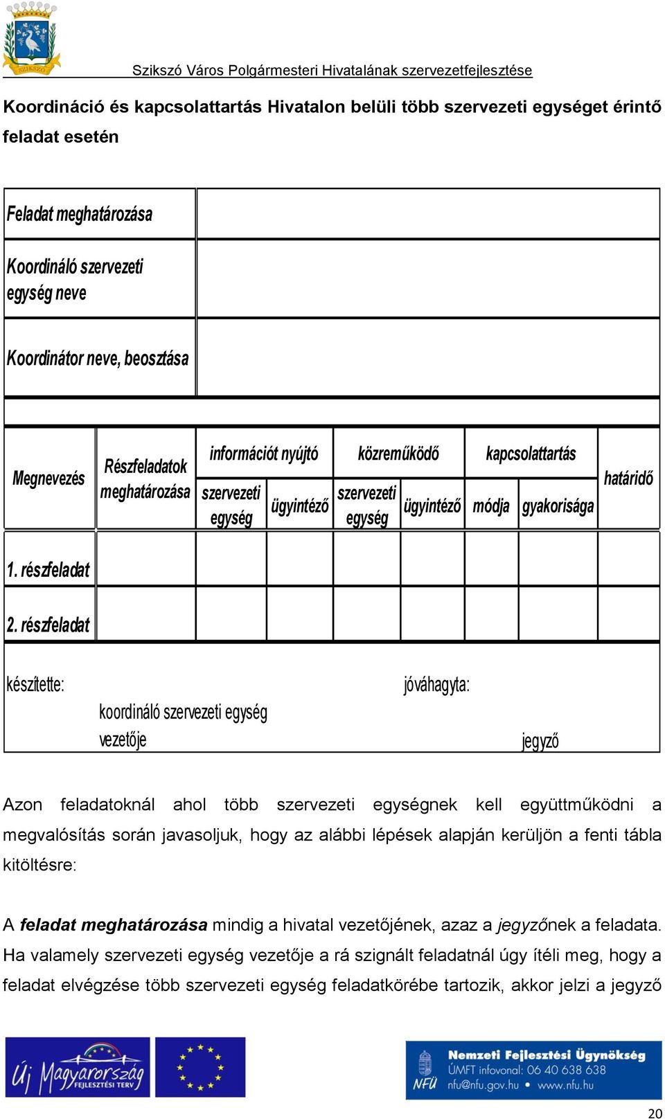 részfeladat készítette: koordináló szervezeti egység vezetője jóváhagyta: jegyző Azon feladatoknál ahol több szervezeti egységnek kell együttműködni a megvalósítás során javasoljuk, hogy az alábbi