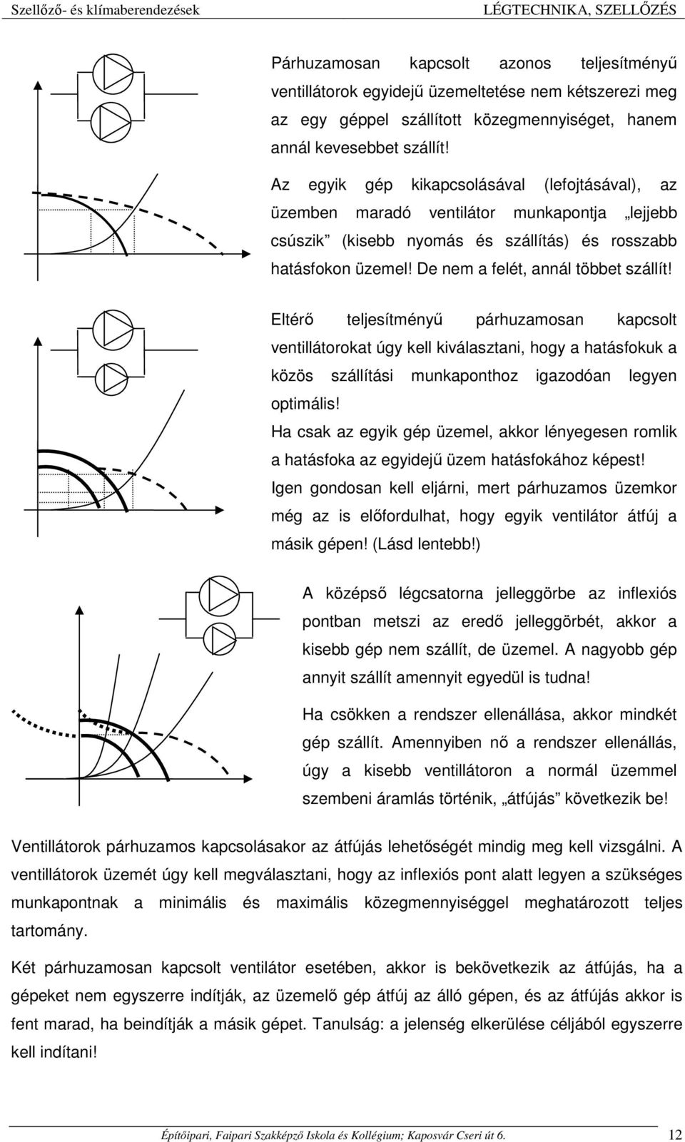 Eltérő teljesítményű párhuzamosan kapcsolt ventillátorokat úgy kell kiválasztani, hogy a hatásfokuk a közös szállítási munkaponthoz igazodóan legyen optimális!