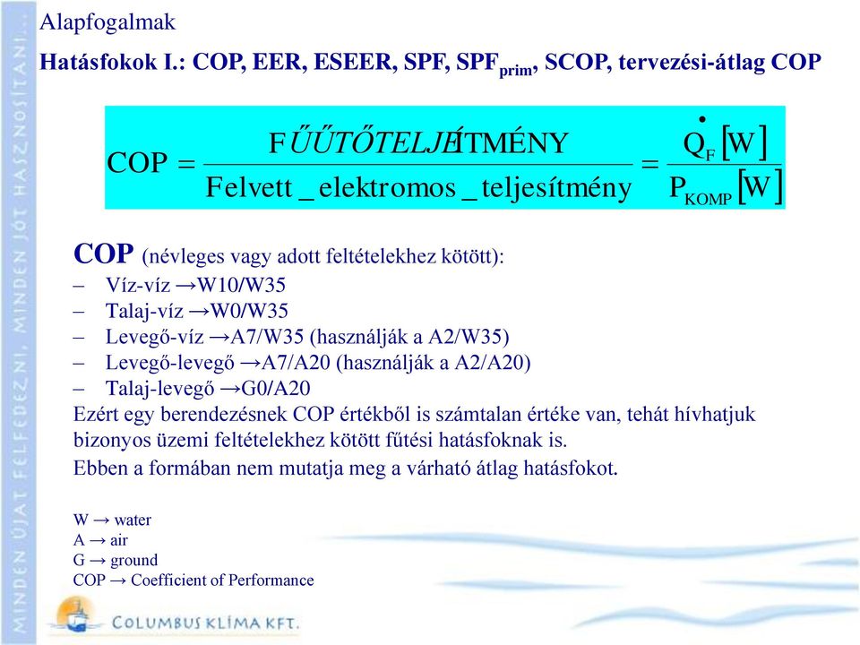 vagy adott feltételekhez kötött): Víz-víz W10/W35 Talaj-víz W0/W35 Levegő-víz A7/W35 (használják a A2/W35) Levegő-levegő A7/A20 (használják a