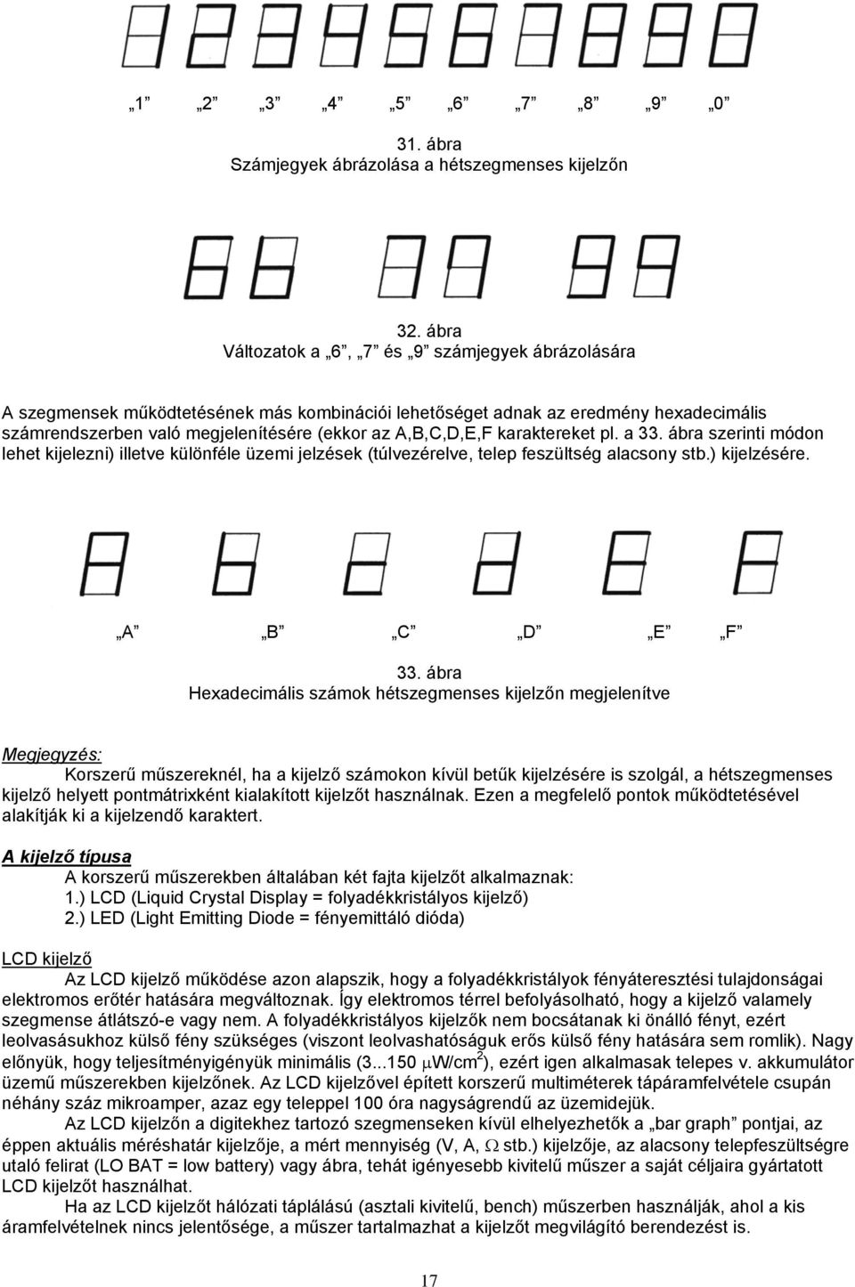 karaktereket pl. a 33. ábra szerinti módon lehet kijelezni) illetve különféle üzemi jelzések (túlvezérelve, telep feszültség alacsony stb.) kijelzésére. A B C D E F 33.