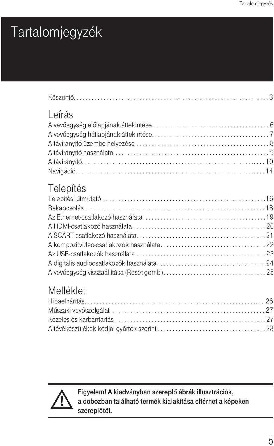 ............................................................ 10 Navigáció............................................................... 14 Telepítés Telepítési útmutató...................................................... 16 Bekapcsolás.