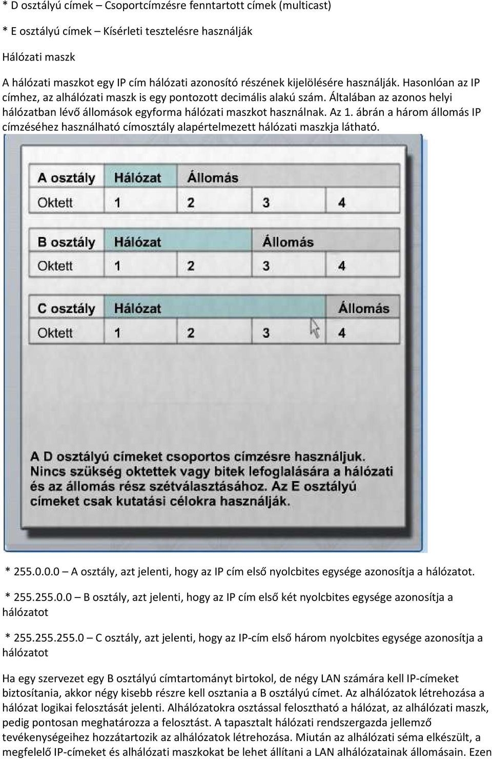 Az 1. ábrán a három állomás IP címzéséhez használható címosztály alapértelmezett hálózati maszkja látható. * 255.0.