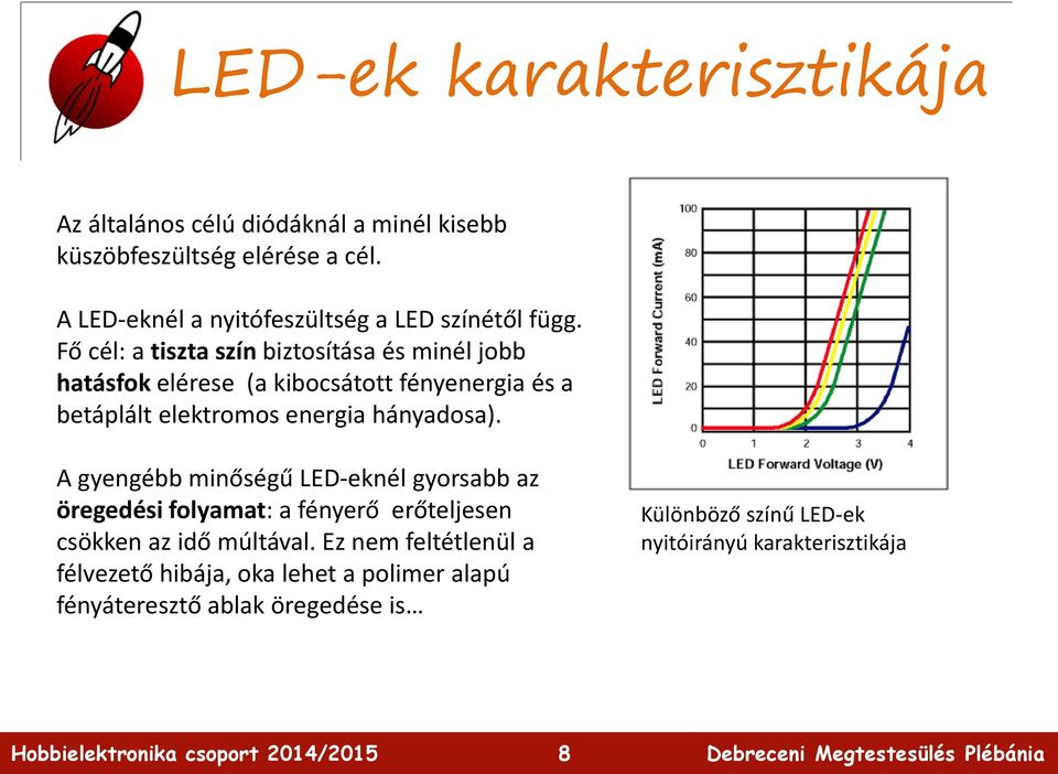 Fő cél: a tiszta szín biztosítása és minél jobb hatásfok elérese (a kibocsátott fényenergia és a betáplált elektromos energia hányadosa).