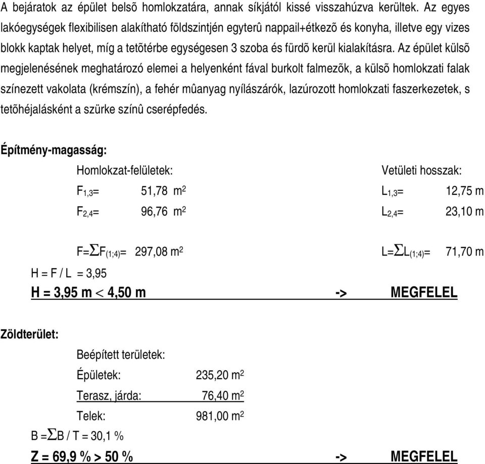 Az épület külsõ megjelenésének meghatározó elemei a helyenként fával burkolt falmezõk, a külsõ homlokzati falak színezett vakolata (krémszín), a fehér mûanyag nyílászárók, lazúrozott homlokzati