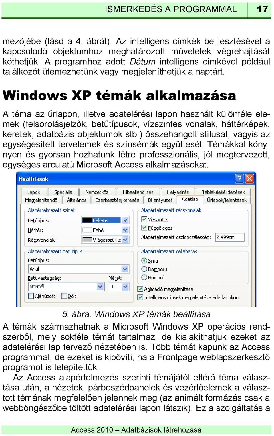 Windows XP témák alkalmazása A téma az űrlapon, illetve adatelérési lapon használt különféle elemek (felsorolásjelzők, betűtípusok, vízszintes vonalak, háttérképek, keretek, adatbázis-objektumok stb.