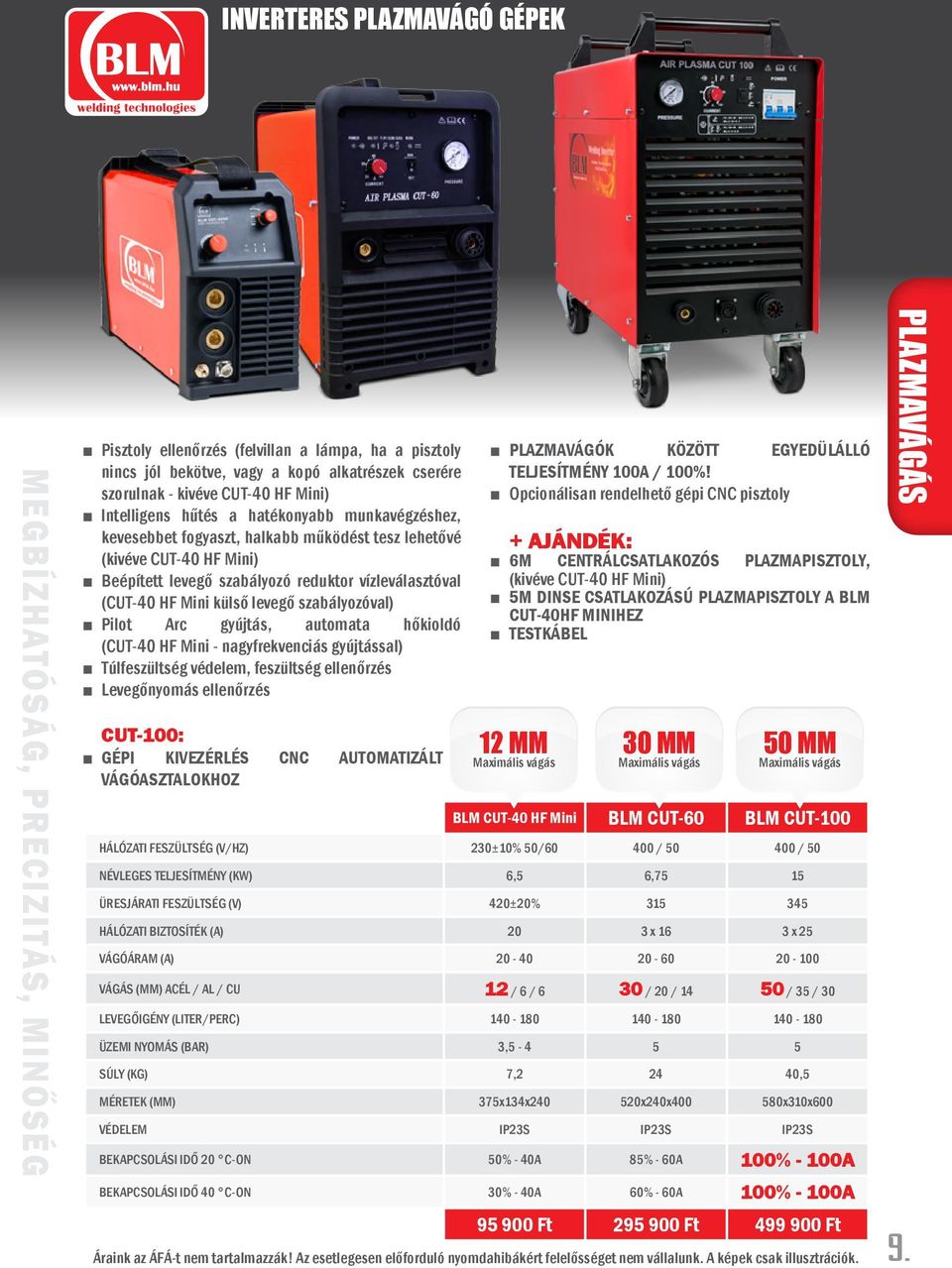 külső levegő szabályozóval) Pilot Arc gyújtás, automata hőkioldó (CUT-40 HF Mini - nagyfrekvenciás gyújtással) Túlfeszültség védelem, feszültség ellenőrzés Levegőnyomás ellenőrzés CUT-100: Gépi