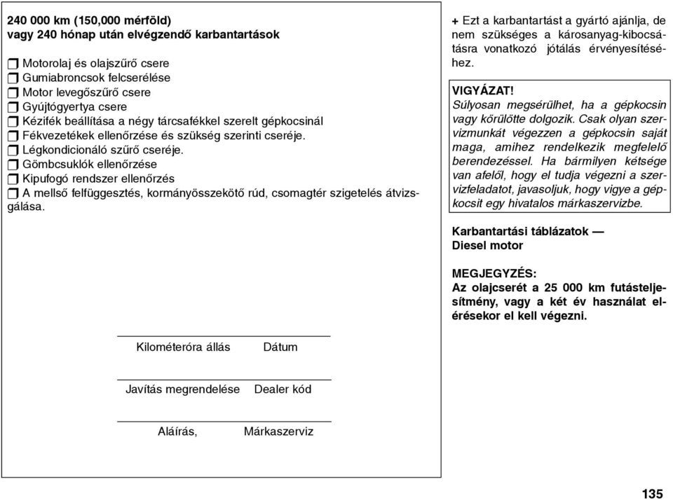 t Gömbcsuklók ellenõrzése t Kipufogó rendszer ellenõrzés t A mellsõ felfüggesztés, kormányösszekötõ rúd, csomagtér szigetelés átvizsgálása.