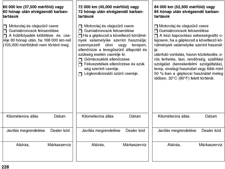 72 000 km (45,000 mérföld) vagy 72 hónap után elvégzendõ karbantartások t t Motorolaj és olajszûrõ csere Gumiabroncsok felcserélése t Ha a gépkocsit a következõ körülmények valamelyike szerint