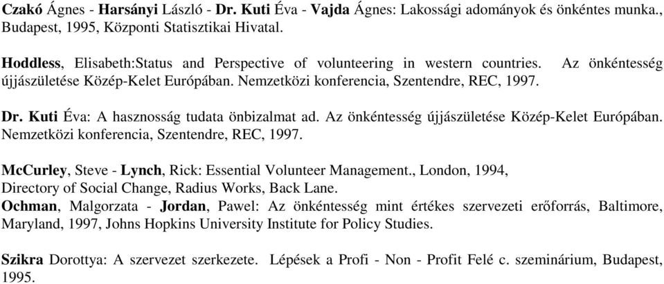 Kuti Éva: A hasznosság tudata önbizalmat ad. Az önkéntesség újjászületése Közép-Kelet Európában. Nemzetközi konferencia, Szentendre, REC, 1997.