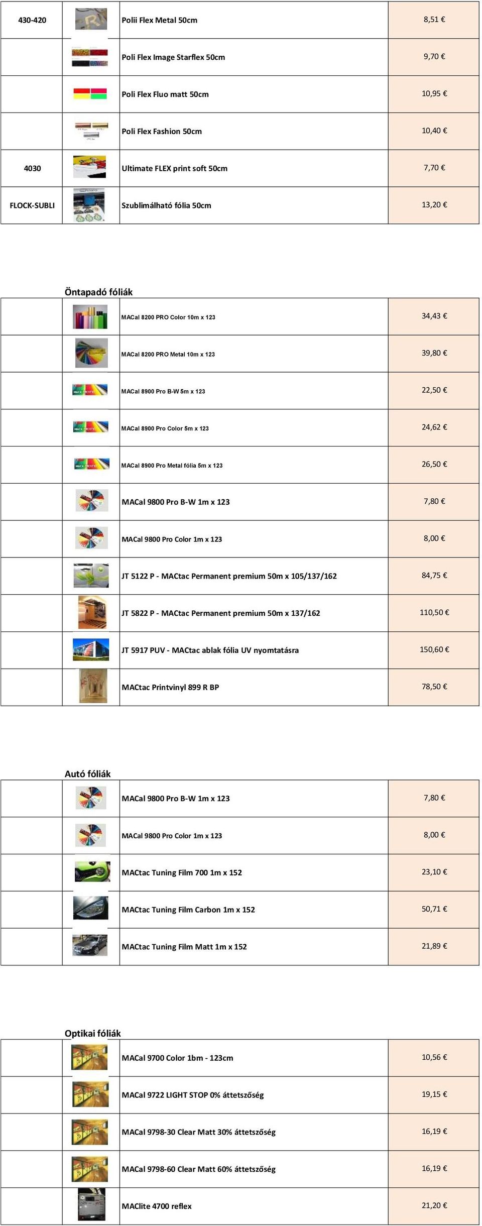 fólia 5m x 123 26,50 MACal 9800 Pro B-W 1m x 123 7,80 MACal 9800 Pro Color 1m x 123 8,00 JT 5122 P - MACtac Permanent premium 50m x 105/137/162 84,75 JT 5822 P - MACtac Permanent premium 50m x