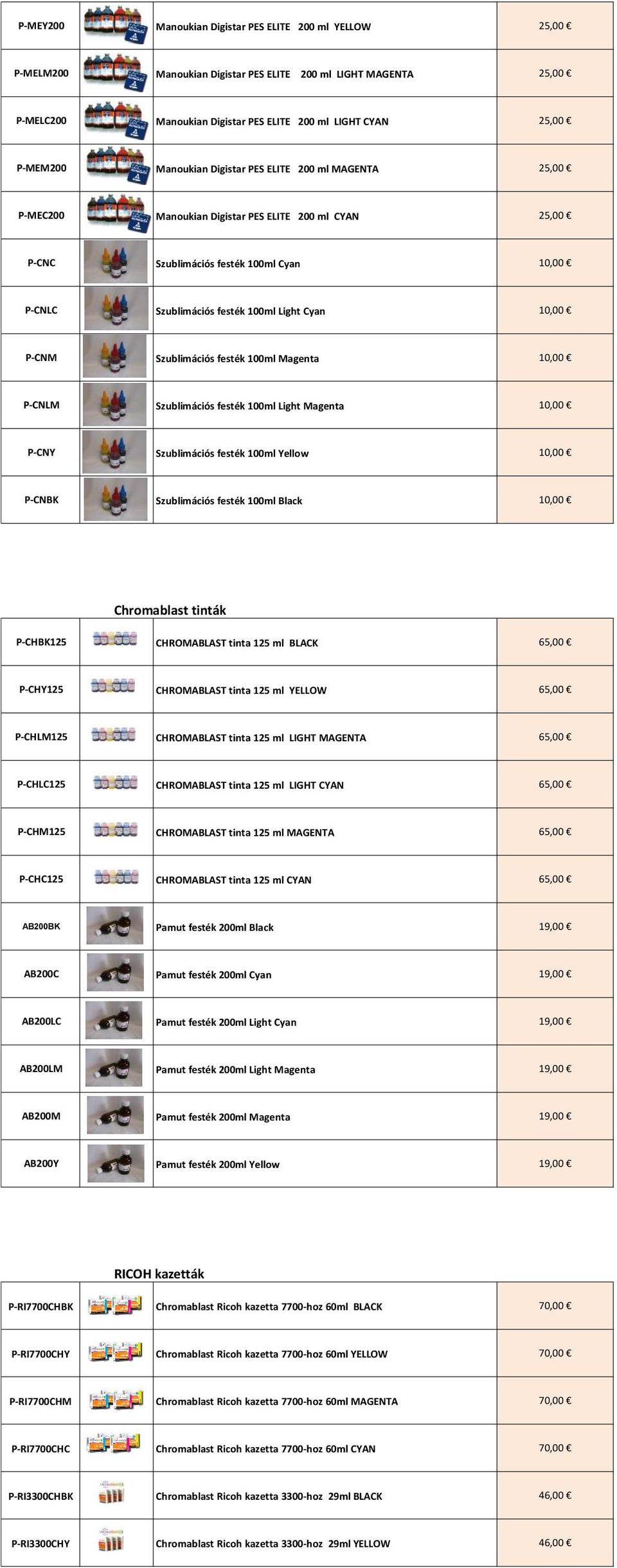 P-CNM Szublimációs festék 100ml Magenta 10,00 P-CNLM Szublimációs festék 100ml Light Magenta 10,00 P-CNY Szublimációs festék 100ml Yellow 10,00 P-CNBK Szublimációs festék 100ml Black 10,00 P-CHBK125