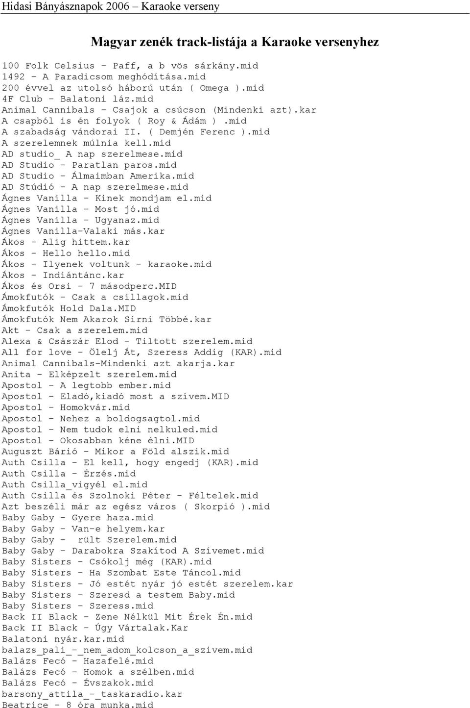 Magyar zenék track-listája a Karaoke versenyhez - PDF Ingyenes letöltés