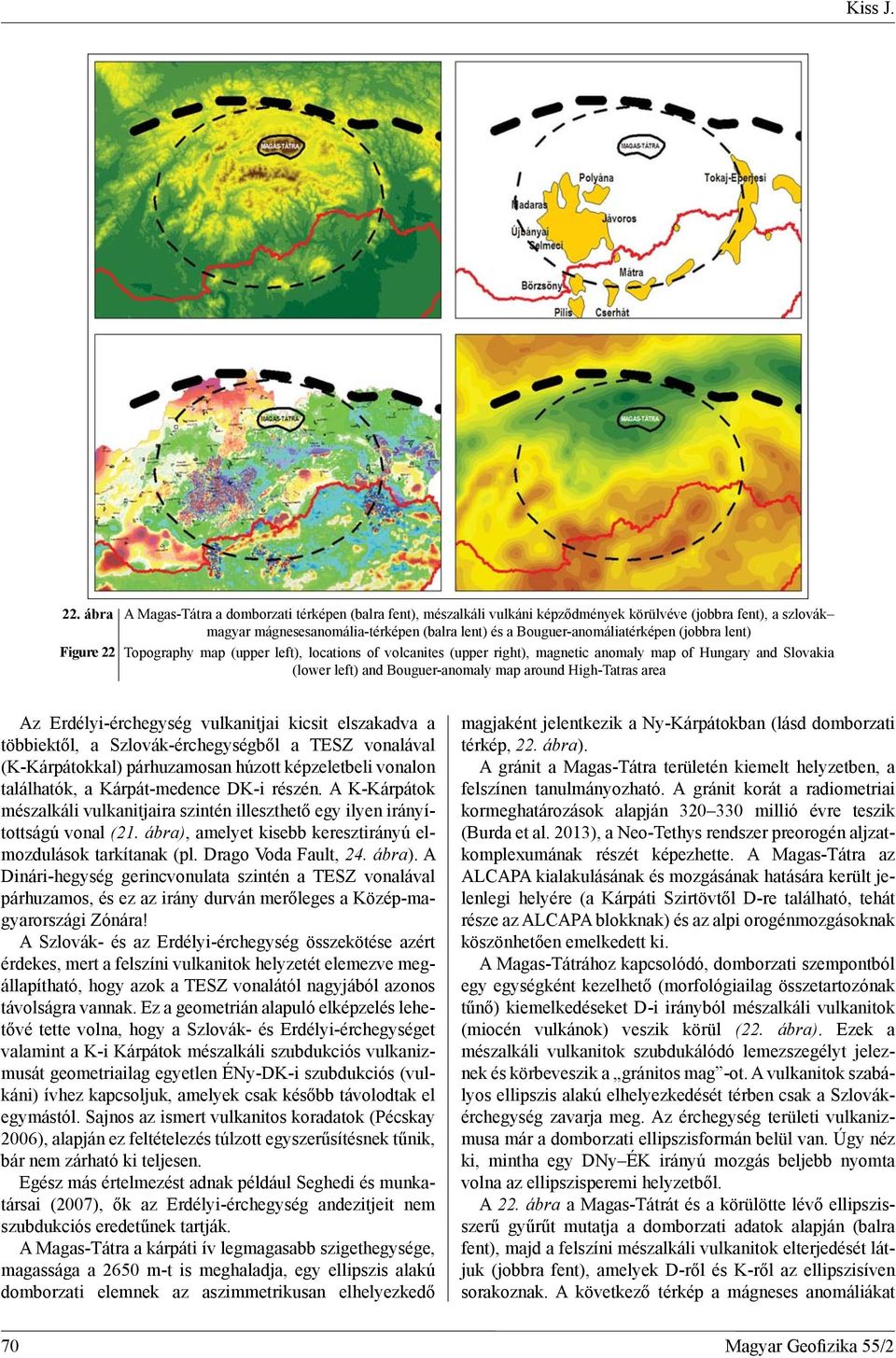 (jobbra lent) Figure 22 Topography map (upper left), locations of volcanites (upper right), magnetic anomaly map of Hungary and Slovakia (lower left) and Bouguer-anomaly map around High-Tatras area