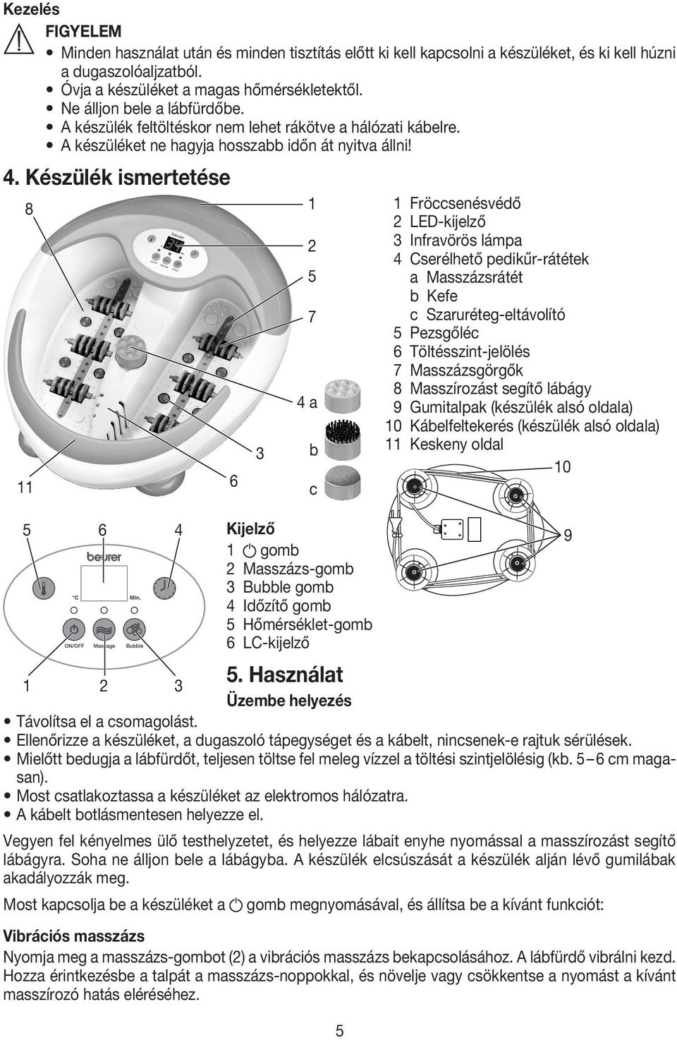 Készülék ismertetése 8 11 5 6 Kijelző 1 gomb 2 Masszázs-gomb 3 Bubble gomb 4 Időzítő gomb 5 Hőmérséklet-gomb 6 LC-kijelző 5.