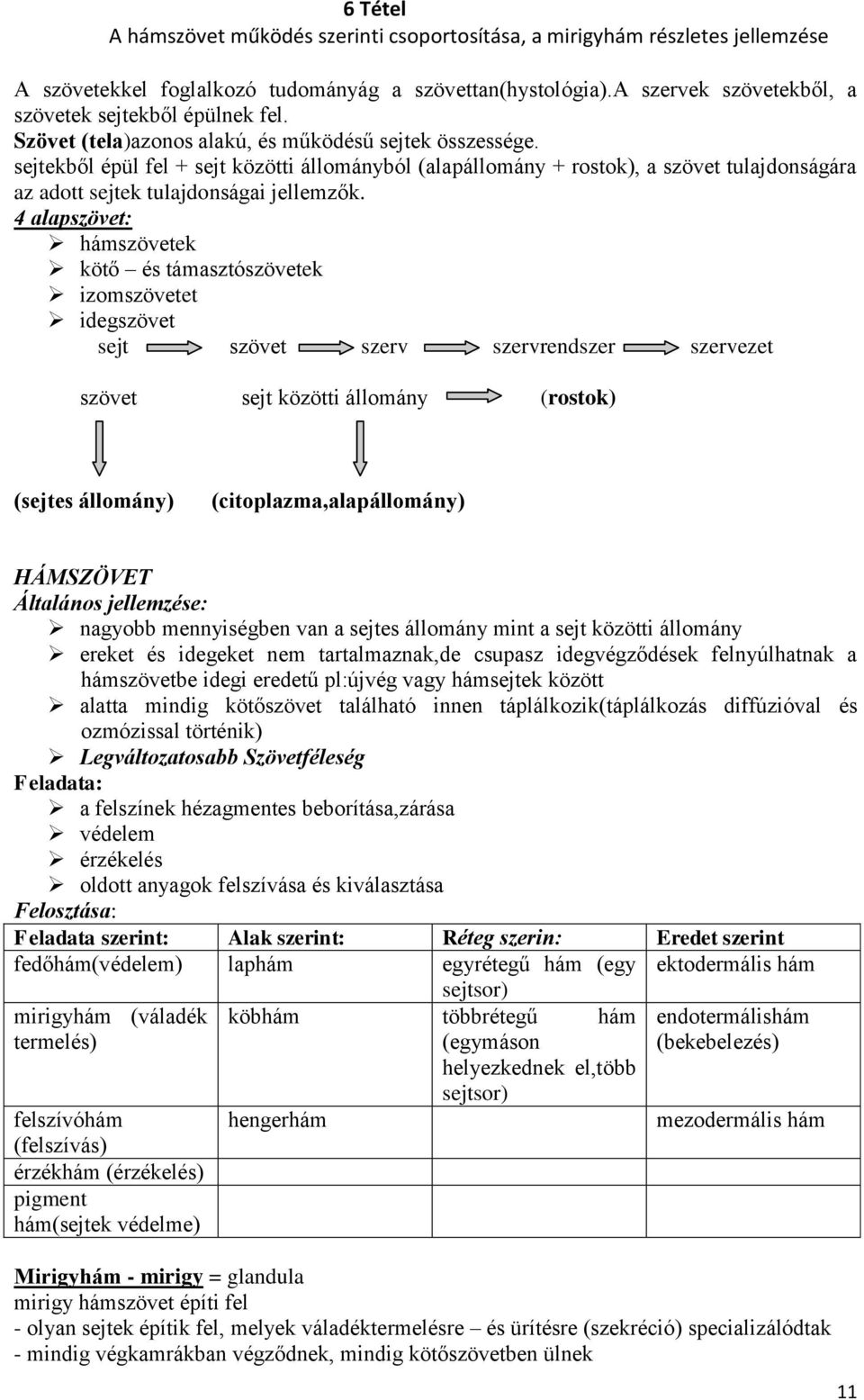 sejtekből épül fel + sejt közötti állományból (alapállomány + rostok), a szövet tulajdonságára az adott sejtek tulajdonságai jellemzők.
