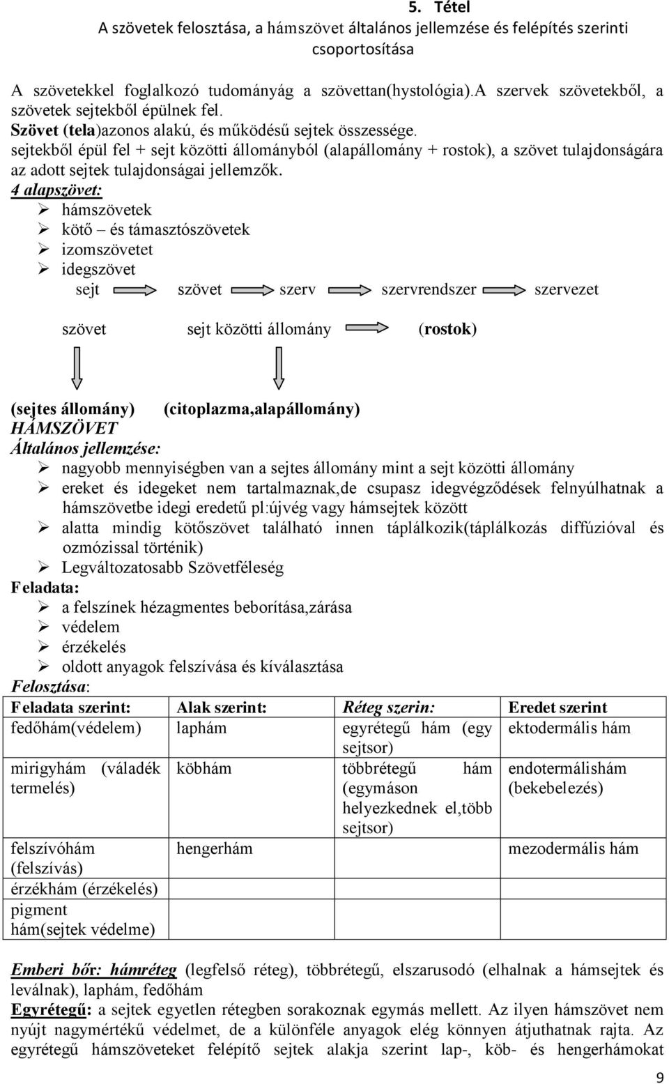 sejtekből épül fel + sejt közötti állományból (alapállomány + rostok), a szövet tulajdonságára az adott sejtek tulajdonságai jellemzők.