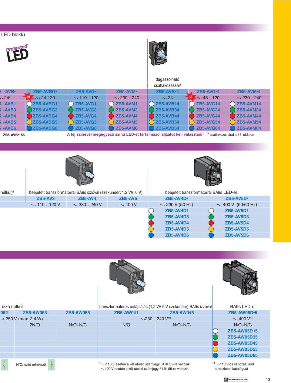 ZB5-AVB54 ZB5-AVG54 ZB5-AVM54 -AVB6 ZB5-AVBG6 ZB5-AVG6 ZB5-AVM6 ZB5-AVB64 ZB5-AVG64 ZB5-AVM64 ZB5-AVB 156 A fej színével megegyezô színû LED-et tartalmazó aljzatot kell választani!