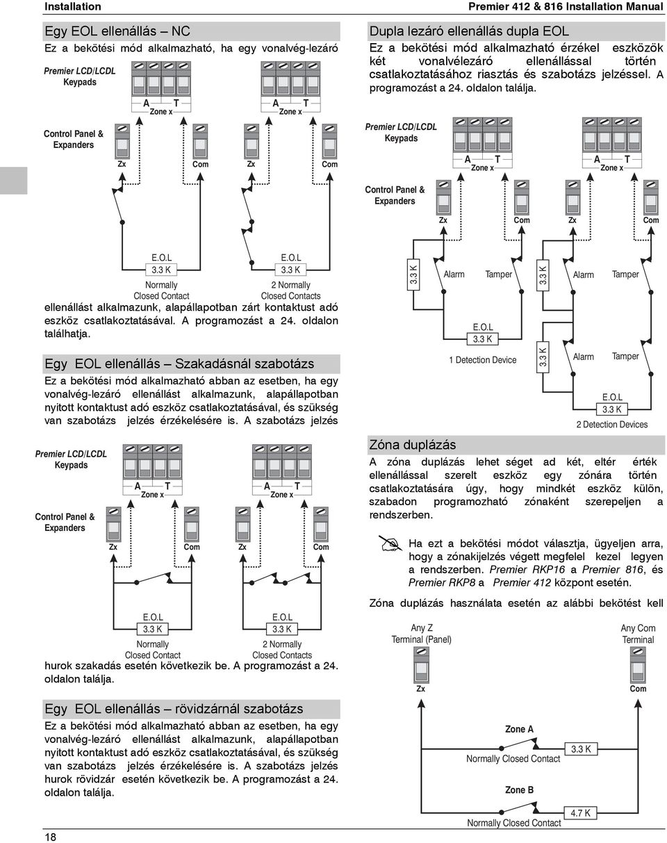 A programozást a 4. oldalon találja. Premier LCD/LCDL Keypads A T Zone x A T Zone x Control Panel & Expanders Zx Com Zx Com E.O.L. K E.O.L. K Normally Normally Closed Contact Closed Contacts ellenállást alkalmazunk, alapállapotban zárt kontaktust adó eszköz csatlakoztatásával.