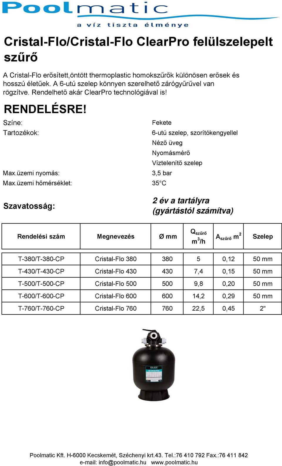 Színe: Fekete Tartozékok: 6-utú szelep, szorítókengyellel Néző üveg Nyomásmérő Víztelenítő szelep Max.üzemi nyomás: 3,5 bar Max.