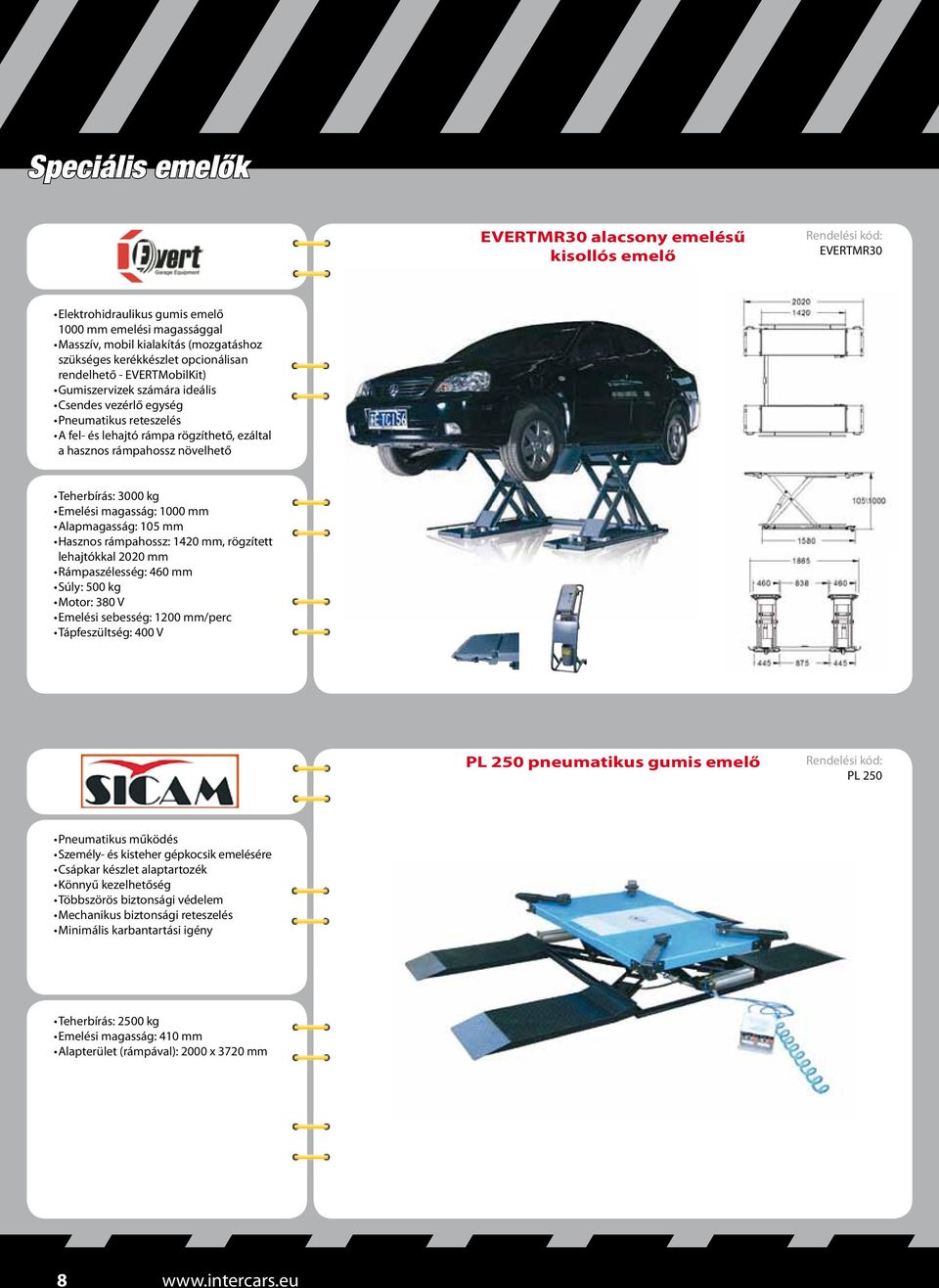 Teherbírás: 3000 kg Emelési magasság: 1000 mm Alapmagasság: 105 mm Hasznos rámpahossz: 1420 mm, rögzített lehajtókkal 2020 mm Rámpaszélesség: 460 mm Súly: 500 kg Motor: 380 V Emelési sebesség: 1200