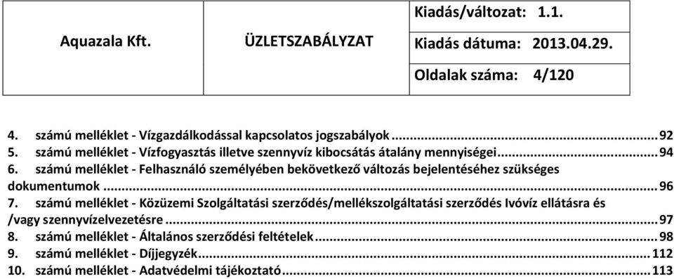 számú melléklet - Felhasználó személyében bekövetkező változás bejelentéséhez szükséges dokumentumok... 96 7.