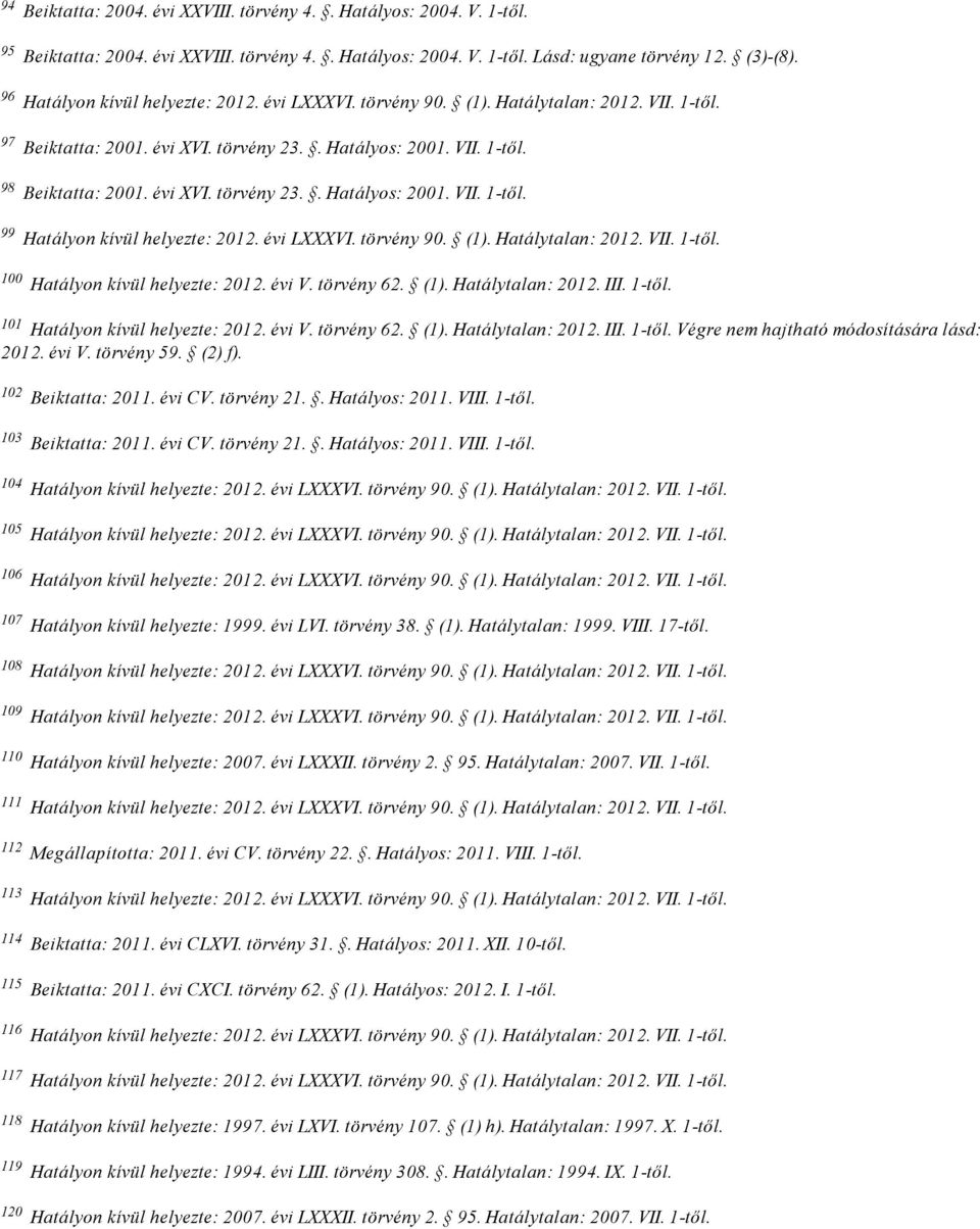 Hatálytalan: 2012. III. 1 től. 101 Hatályon kívül helyezte: 2012. évi V. törvény 62. (1). Hatálytalan: 2012. III. 1 től. Végre nem hajtható módosítására lásd: 2012. évi V. törvény 59. (2) f).