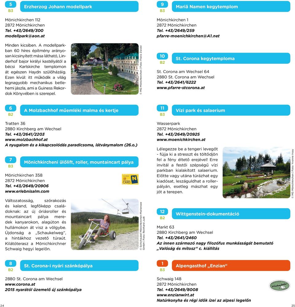 A modellparkban 60 híres építmény arányosan kicsinyített mása látható, Linderhof bajor királyi kastélyától a bécsi Karlskirche templomon át egészen Haydn szülőházáig.