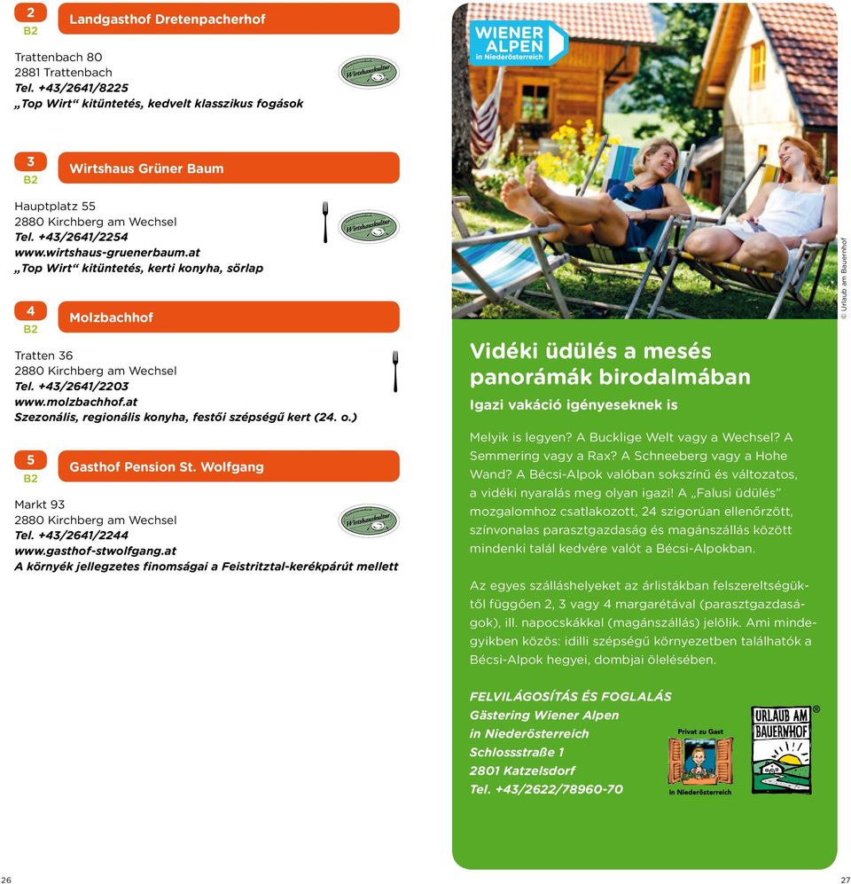 at Szezonális, regionális konyha, festői szépségű kert (24. o.) 5 Molzbachhof Gasthof Pension St. Wolfgang Markt 93 2880 Kirchberg am Wechsel Tel. +43/2641/2244 www.gasthof-stwolfgang.