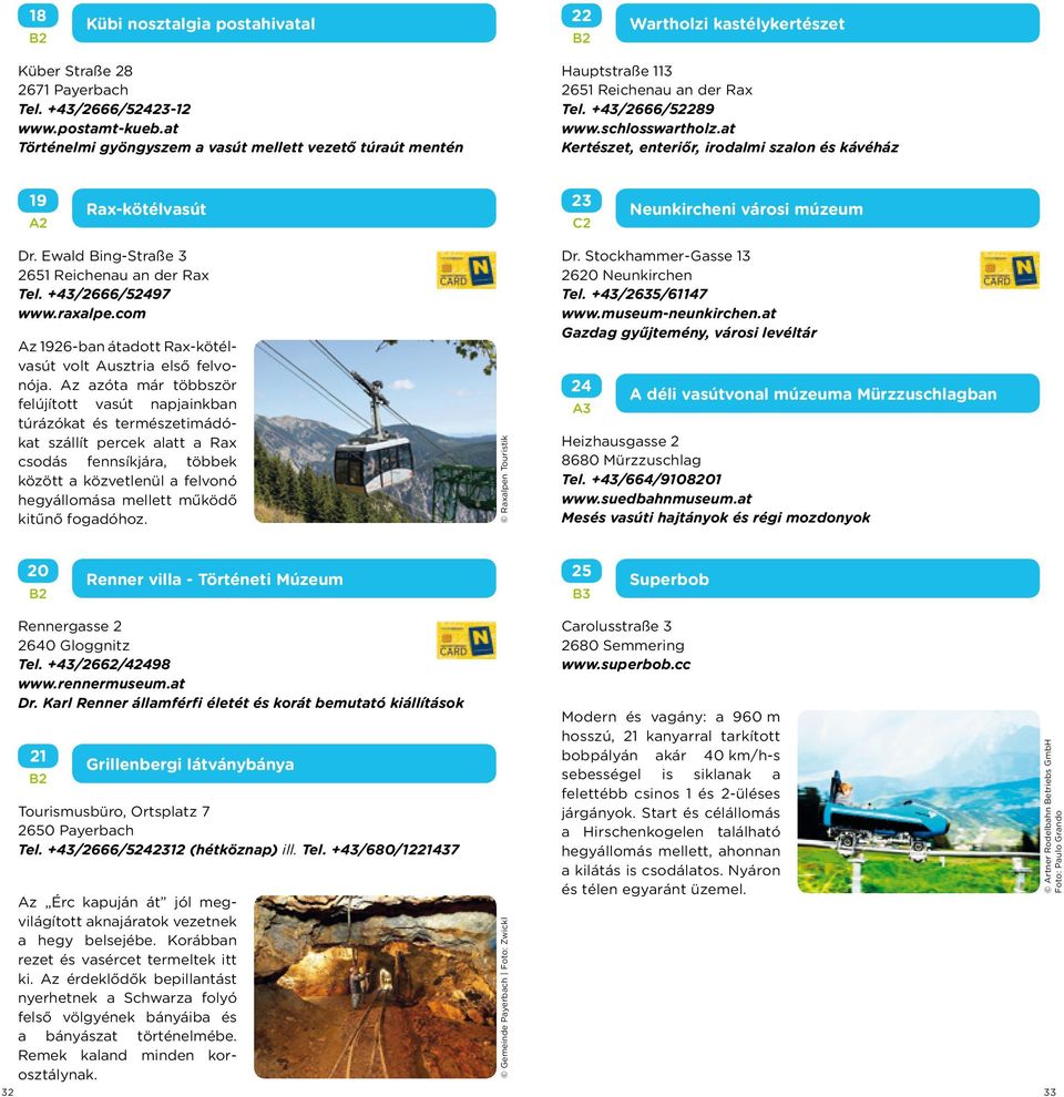at Kertészet, enteriőr, irodalmi szalon és kávéház 19 A2 Rax-kötélvasút 23 Neunkircheni városi múzeum Dr. Ewald Bing-Straße 3 2651 Reichenau an der Rax Tel. +43/2666/52497 www.raxalpe.
