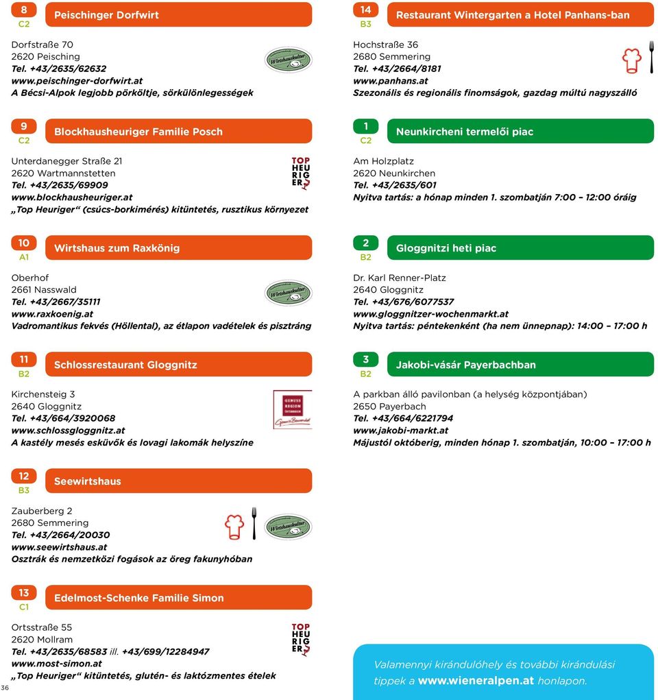 at Szezonális és regionális finomságok, gazdag múltú nagyszálló 9 Blockhausheuriger Familie Posch 1 Neunkircheni termelői piac Unterdanegger Straße 21 2620 Wartmannstetten Tel. +43/2635/69909 www.
