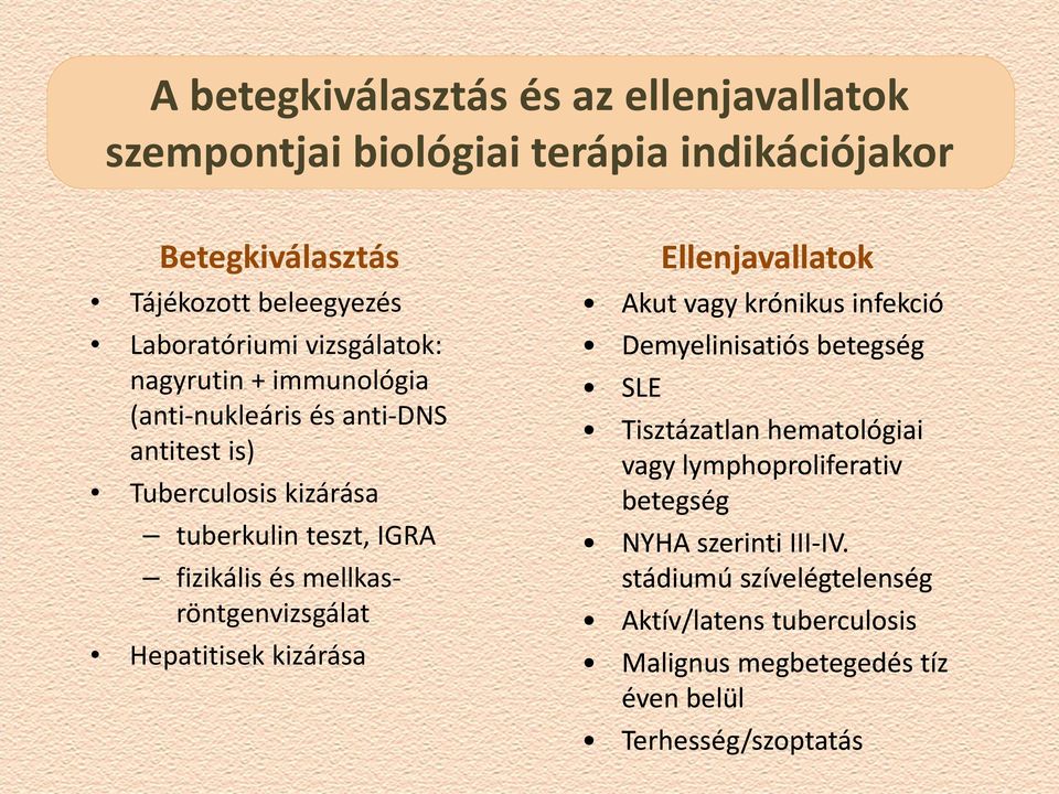 mellkasröntgenvizsgálat Hepatitisek kizárása Ellenjavallatok Akut vagy krónikus infekció Demyelinisatiós betegség SLE Tisztázatlan hematológiai