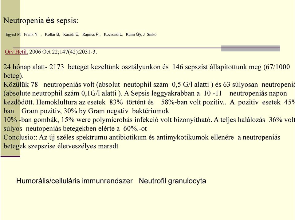 Közülük 78 neutropeniás volt (absolut neutophil szám 0,5 G/l alatti ) és 63 súlyosan neutropeniás (absolute neutrophil szám 0,1G/l alatti ).