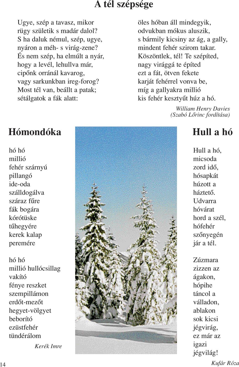 Most tél van, beállt a patak; sétálgatok a fák alatt: Hómondóka hó hó millió fehér szárnyú pillangó ide-oda szálldogálva száraz fûre fák bogára kórótüske tûhegyére kerek kalap peremére hó hó millió
