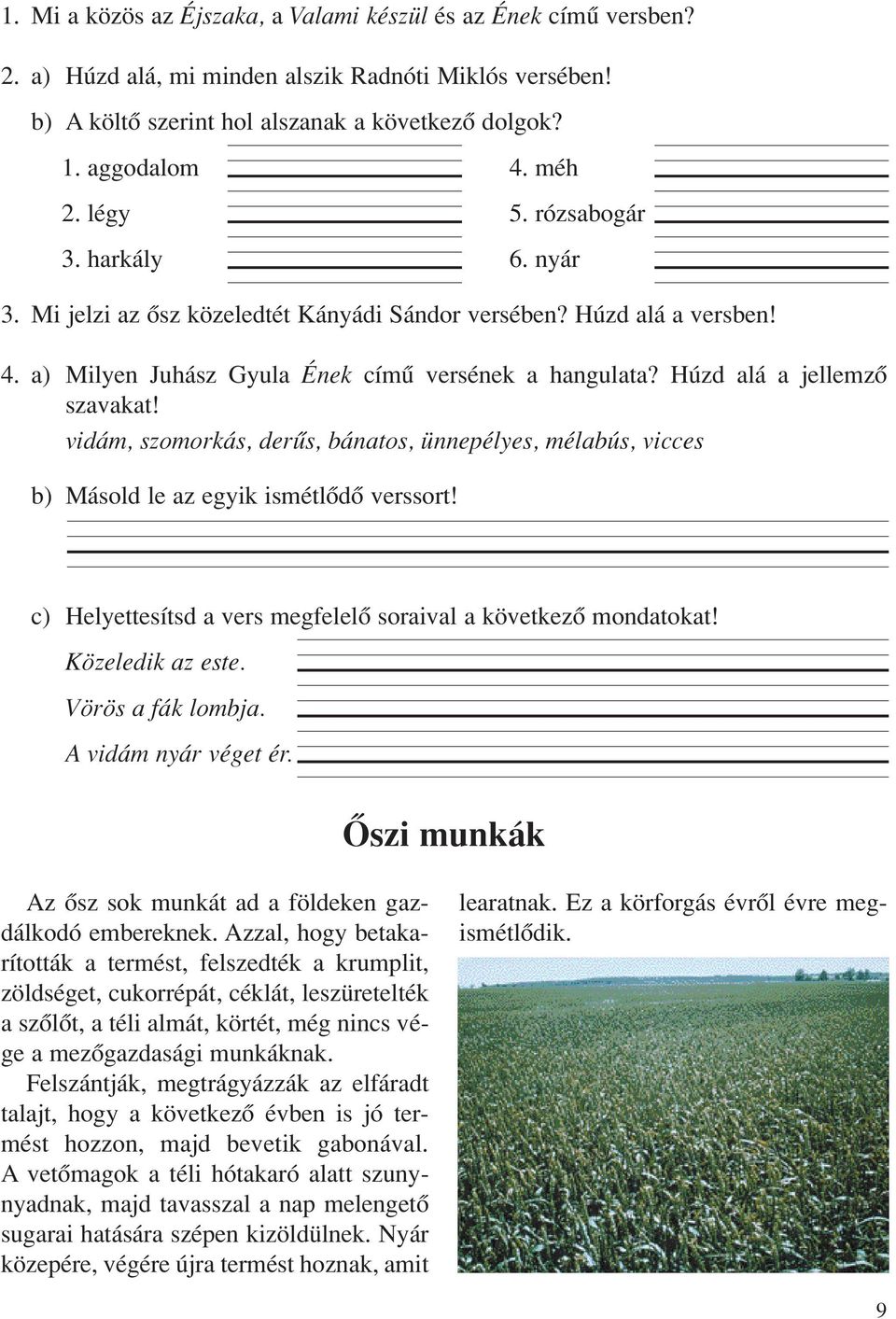 vidám, szomorkás, derûs, bánatos, ünnepélyes, mélabús, vicces b) Másold le az egyik ismétlôdô verssort! c) Helyettesítsd a vers megfelelô soraival a következô mondatokat! Közeledik az este.