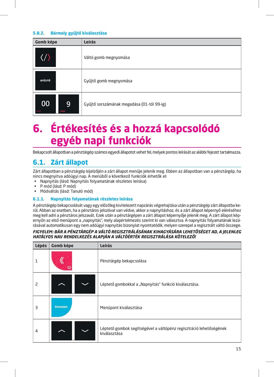 Zárt állapot Zárt állapotban a pénztárgép kijelzőjén a zárt állapot menüje jelenik meg. Ebben az állapotban van a pénztárgép, ha nincs megnyitva adóügyi nap.