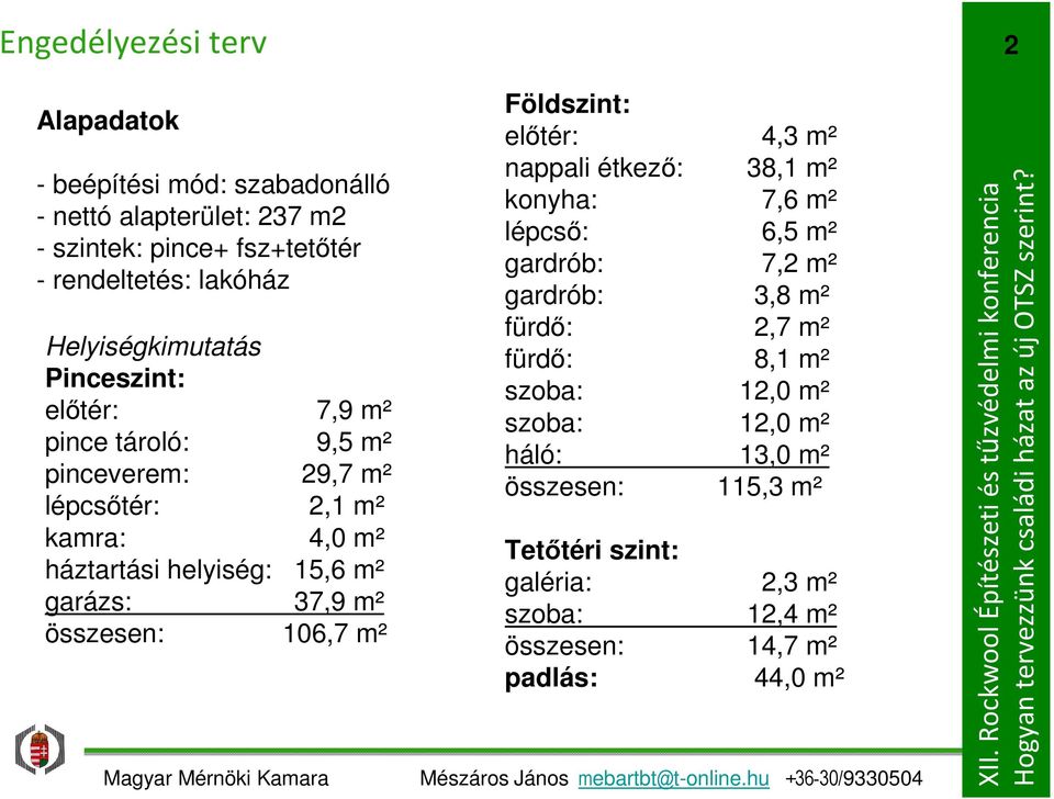 garázs: 37,9 m² összesen: 106,7 m² Földszint: előtér: 4,3 m² nappali étkező: 38,1 m² konyha: 7,6 m² lépcső: 6,5 m² gardrób: 7, m² gardrób: 3,8 m²