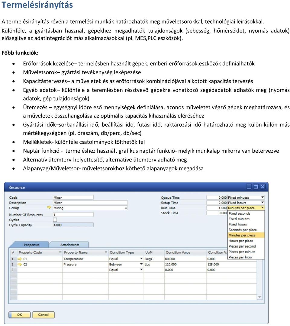 Főbb funkciók: Erőforrások kezelése termelésben használt gépek, emberi erőforrások,eszközök definiálhatók Műveletsorok gyártási tevékenység leképezése Kapacitástervezés a műveletek és az erőforrások