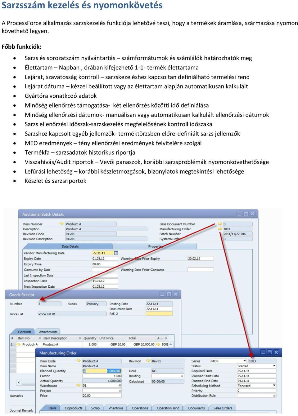 sarzskezeléshez kapcsoltan definiálható termelési rend Lejárat dátuma kézzel beállított vagy az élettartam alapján automatikusan kalkulált Gyártóra vonatkozó adatok Minőség ellenőrzés támogatása- két