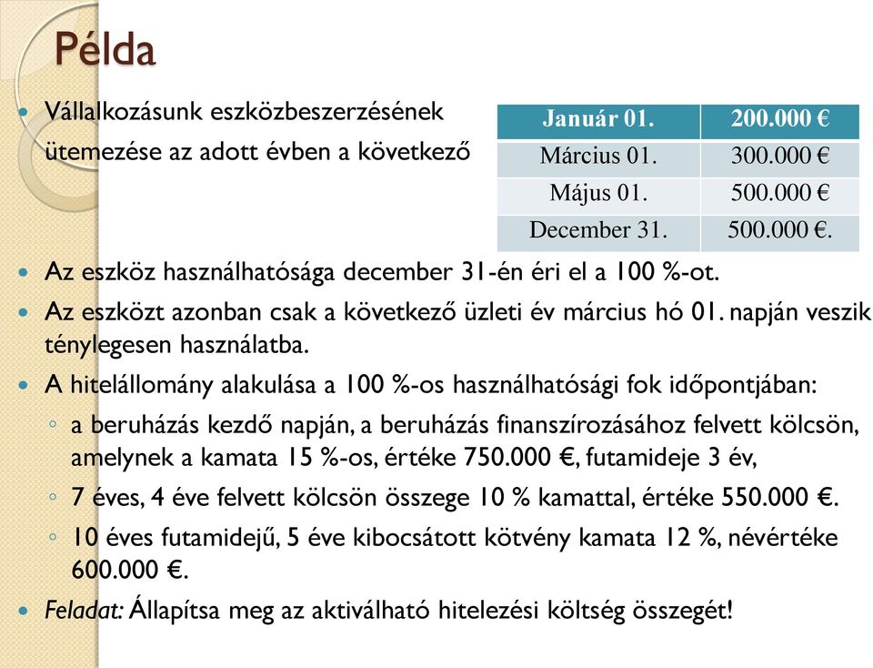 A hitelállomány alakulása a 100 %-os használhatósági fok időpontjában: a beruházás kezdő napján, a beruházás finanszírozásához felvett kölcsön, amelynek a kamata 15 %-os, értéke 750.