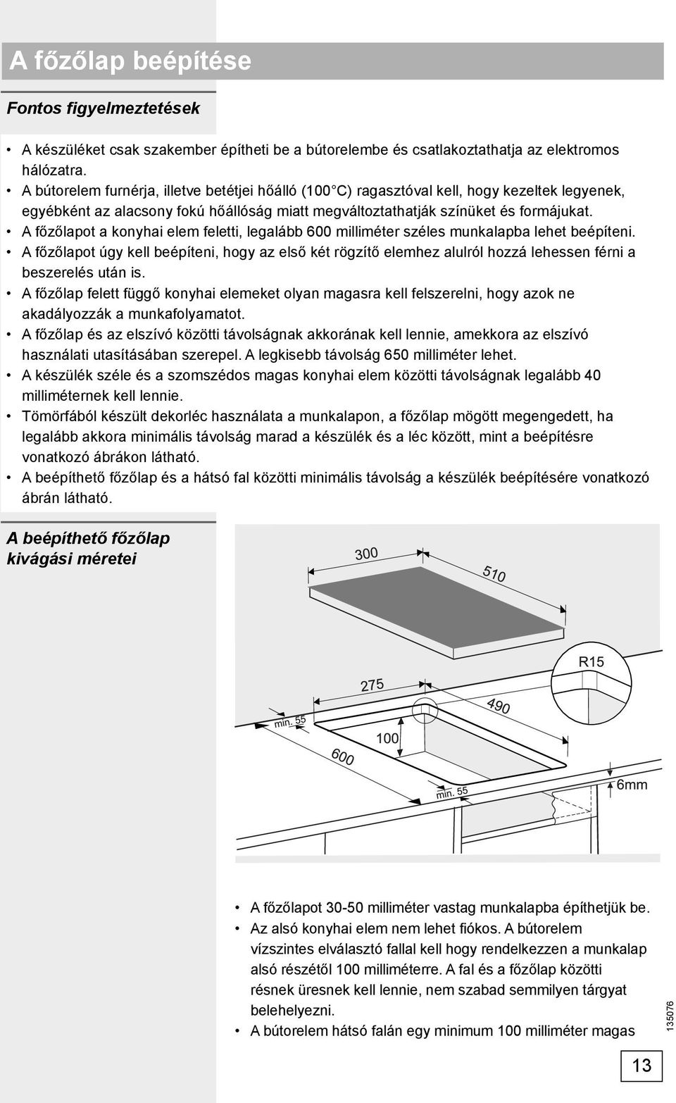 A főzőlapot a konyhai elem feletti, legalább 600 milliméter széles munkalapba lehet beépíteni.