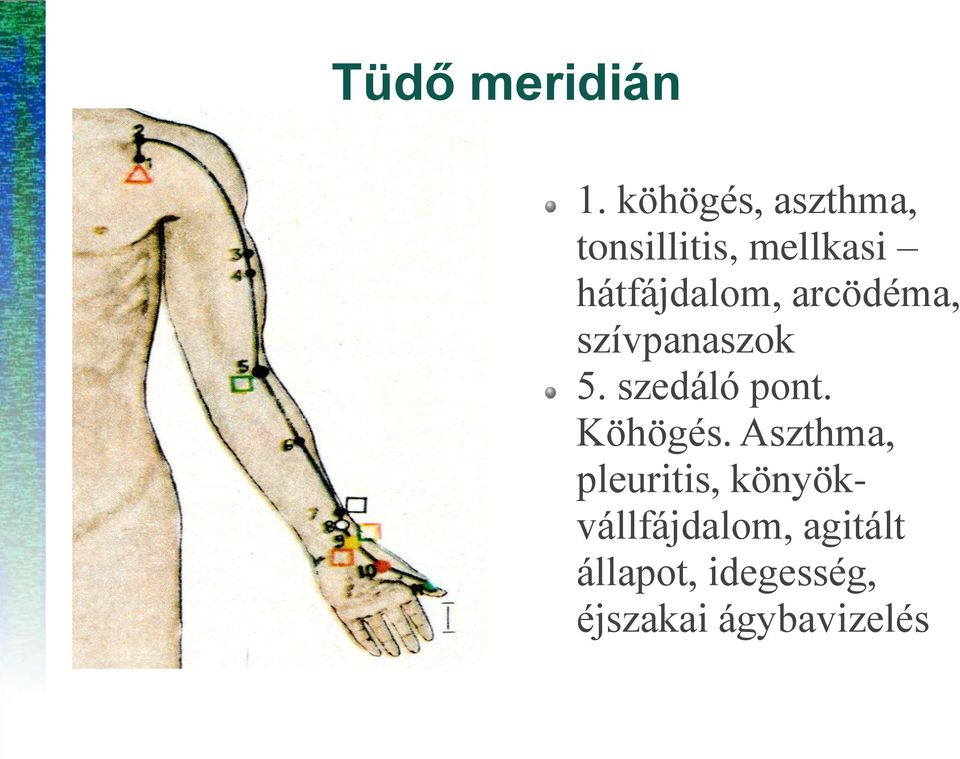 hátfájdalom, arcödéma, szívpanaszok 5. szedáló pont.