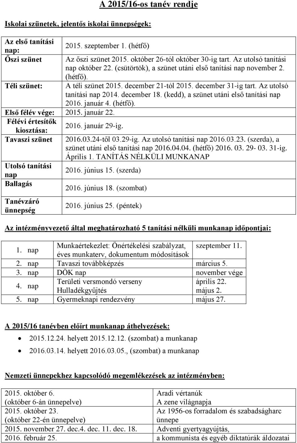 Az utolsó tanítási nap 2014. december 18. (kedd), a szünet utáni első tanítási nap 2016. január 4. (hétfő). Első félév vége: 2015. január 22. Félévi értesítők kiosztása: 2016. január 29-ig.