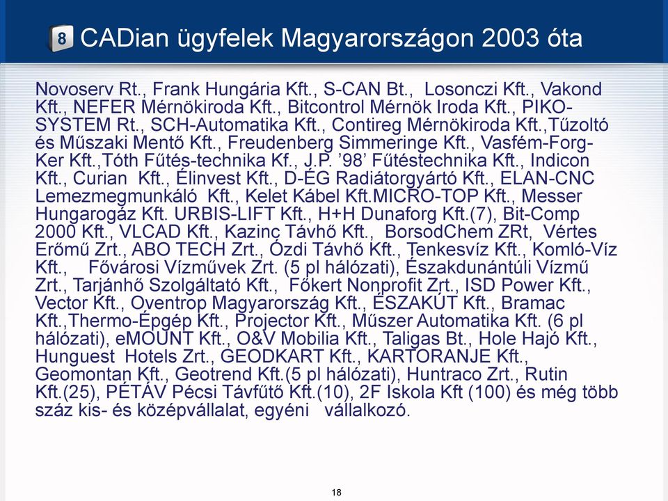 , Curian Kft., Élinvest Kft., D-ÉG Radiátorgyártó Kft., ELAN-CNC Lemezmegmunkáló Kft., Kelet Kábel Kft.MICRO-TOP Kft., Messer Hungarogáz Kft. URBIS-LIFT Kft., H+H Dunaforg Kft.(7), Bit-Comp 2000 Kft.